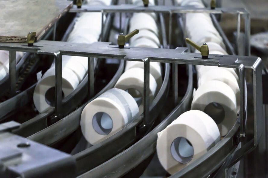 Toilet paper rolls in factory